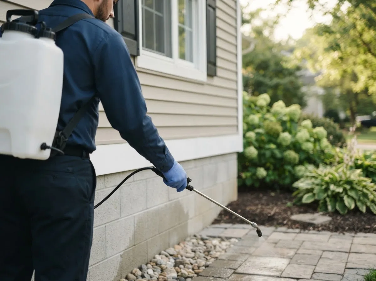 Pest control technician inspecting a home in Emeigh, PA